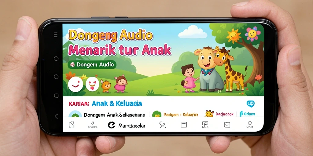 Tampilan antarmuka aplikasi Dongeng Audio 93337 yang ramah anak.